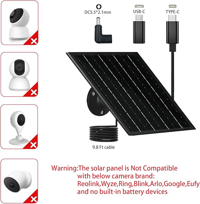 6W 5V Solar Panels for Security Cameras Type-C Micro USB C DC Port Solar Panel 5V Compatible with Recharged Battery Cameras Outdoor IP65 Waterproof 360° Adjustable Mount 9.8ft Cable 1 Black