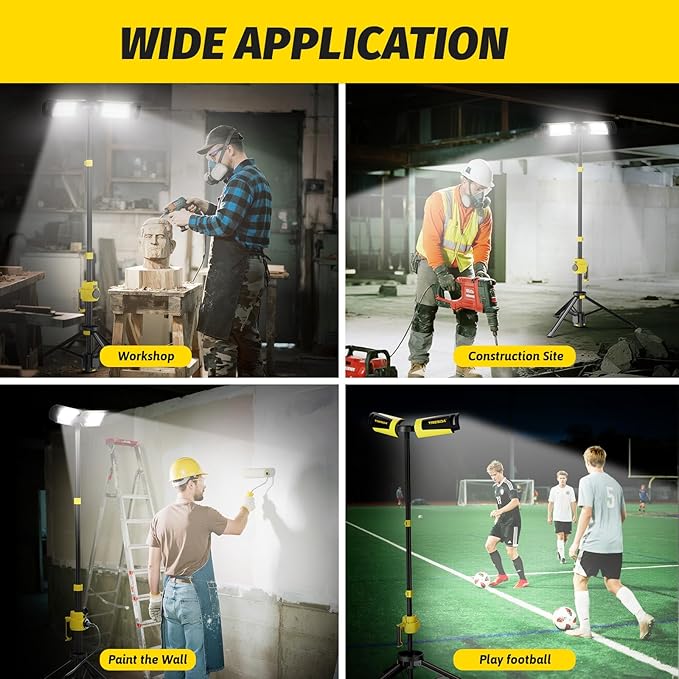 Dual-Head LED Work Light with Stand, 2025 Pro+ 12000LM Corded or Battery Rechargeable Telescopic Tripod Worklights, Portable Construction Flood Light for Job Site Workshop Garage ﻿