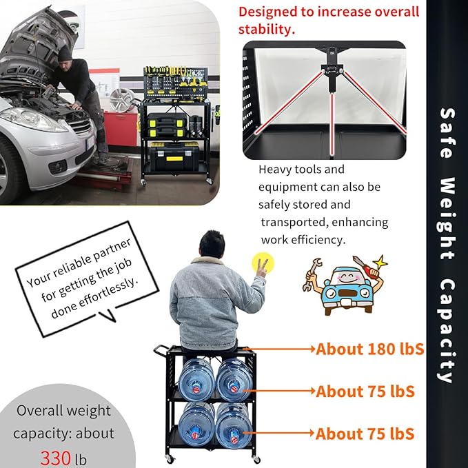 Lumizone Rolling Tool Cart with Wheels and Pegboard Hooks Folding Utility Service Cart for Garage Organizer Storage Foldable Power Tool Organization on Wheels Heavy Duty Frame (Tool Cart+Hooks)
