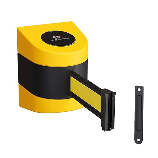 Crowd Control Warehouse - CCW Series WMB-220 Fixed Wall Mount Retractable Belt Barrier - 15 Foot, Black Yellow Horizontal Stripe Belt with Yellow ABS Case