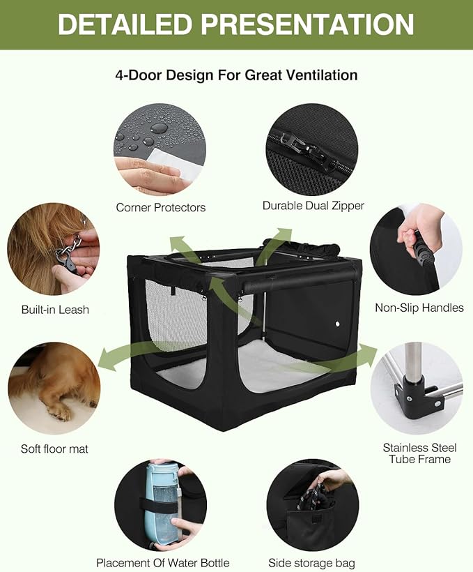 33-Inch Collapsible Travel Dog Crate, Portable 4-Door Soft Kennel for Medium to Large Dogs, Chew-Proof Mesh Windows, Indoor/Outdoor Use, Foldable, with Storage Bag (Black)