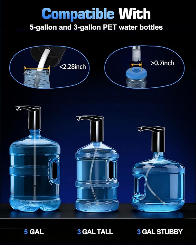 Rechargeable Water Dispenser Pump for 5 Gallon Bottle, Electric USB-C Large Flow Water Jug Dispenser, Portable Automatic Submersible Bottle Pump Silent Operation for Camping Home Office