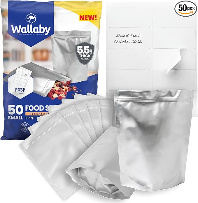 Wallaby 50 Count 1-Pint Gusset Mylar Bags with Labels, 11 Mil Total Thickness Long-Term Food Storage Pouches, 15x12 Stand-Up Zipper Heat-Sealable Airtight Packaging - Silver