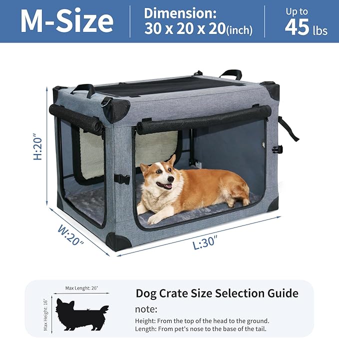 NEZUC Soft Collapsible Dog Crate - 30 Inch Portable Soft Sided Travel Dog Crates for Medium Dogs, 4-Door Foldable Dog Carrier, Pet Kennel Indoor & Outdoor (Gray, 30.0" L x 20" W x 20.0" H)