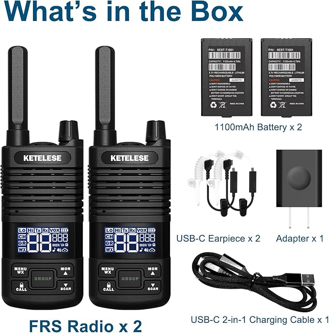 KETELESE T1 FRS Walkie Talkie Set for Adults, Long Range Two-Way Radio, with Earpiece Family Radio Walkie-Talkie, NOAA, VOX, Water-Resistant Design for Outdoor Adventures(2 Pack), Black