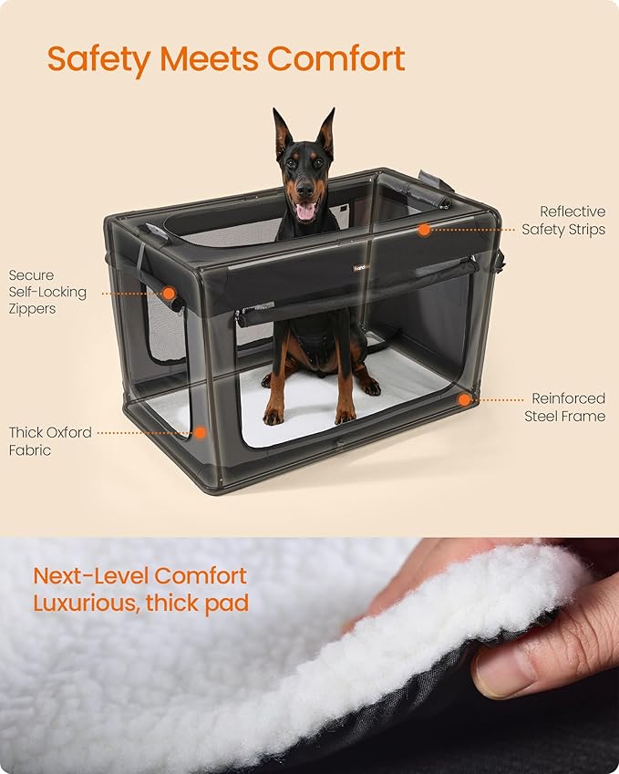 Feandrea Collapsible Dog Crate, 44-Inch Portable Dog Travel Crate for Extra Large Dogs, Oxford Fabric Pet Carrier with 4 Mesh Doors, Handles, Storage Pocket, Water Bottle Holder, Ink Black UPDC022BH01