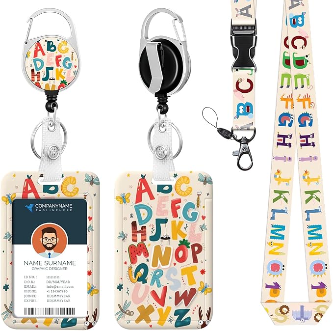 ID Badge Holder with Lanyard Colorful Alphabet Retractable Badge Reel Clip English Letter Lanyard Name Card Vertical ID Protector, ID Card Holder Keychain Name Badge Clip for Women Men