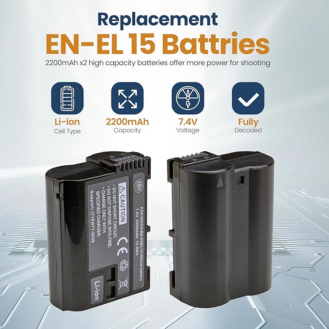BM Premium 2 Pack of EN-EL15B Batteries and Dual Battery Charger for Nikon Z6, Z7, D780, D850, D7500, 1 V1, D500, D600, D610, D750, D800, D800E, D810, D810A, D7000, D7100, D7200 Digital Cameras