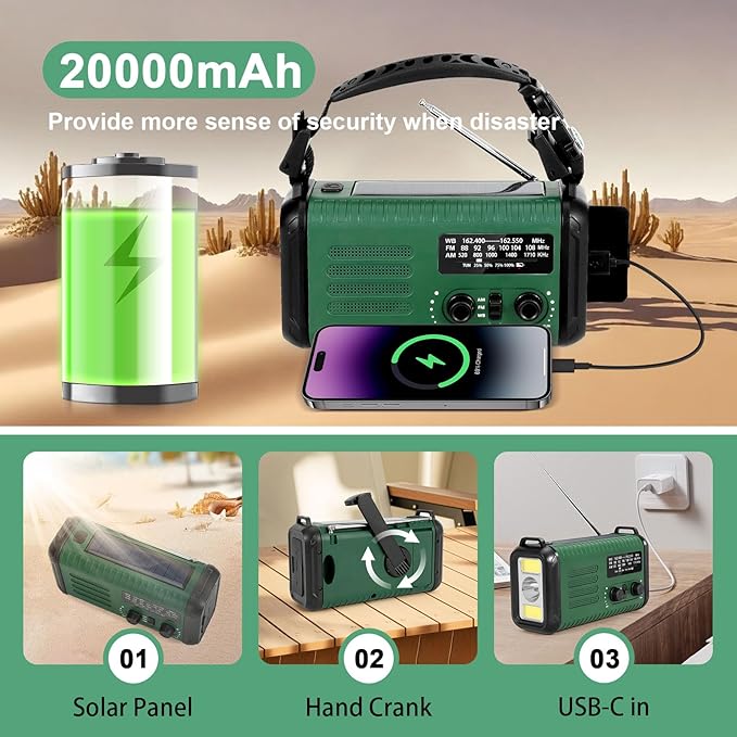 Hand Crank Emergency Radio, NOAA Weather Radio with AM/FM & Solar Radio, 20000MAH Rechargeable Battery Powered, Cell Phone Charging, Flashlight Reading Lamp Headphone Jack, SOS Alarm for Emergency