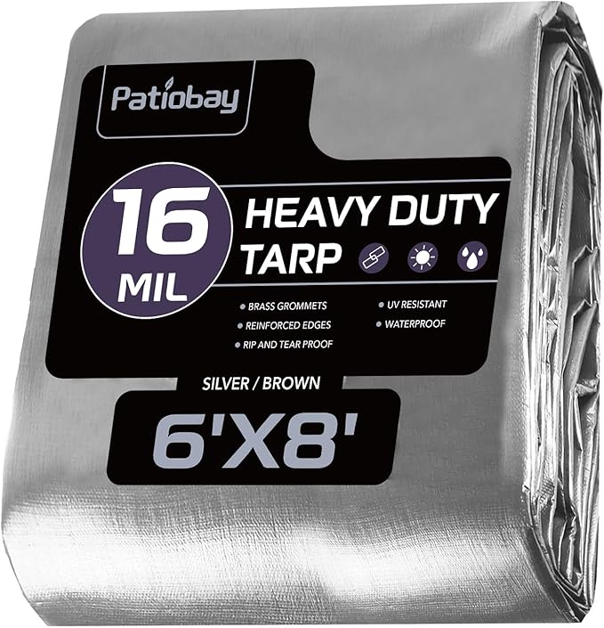 Tarp 6x8FT, 16 Mil, Waterproof Tarps Heavy Duty with Grommets Every 23.6", Thick Plastic Tarp, UV Resistant Tear&Fade Resistant, Reinforced Edges for Outdoor Pool Camp Tent