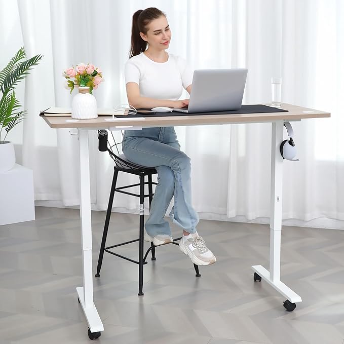 Electric Standing Desk with Wheels, 63'' x 24'' Standing Desk Adjustable Height with Charging Station, 2 USB Ports, 3 Power Outlets, 4 Caster, 27''-46'' Lifting Range Stand up Desk(Oak)