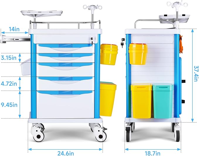 Medical Carts with Wheels, 5-Tier Storage, Adjustable IV Pole, Silent Casters, Trash Bins, O2 Holder, Needle Disposal Holder & CPR Board, Rolling Medical Cart for Hospital Salon Lab Clinic