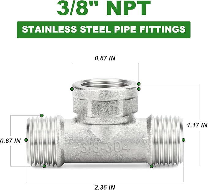 TAISHER 2PCS 304 Stainless Steel Tee Pipe Fittings, 3/8" NPT Male x 3/8" NPT Female x 3/8" NPT Male Pipe Fittings, Female Branch Tee