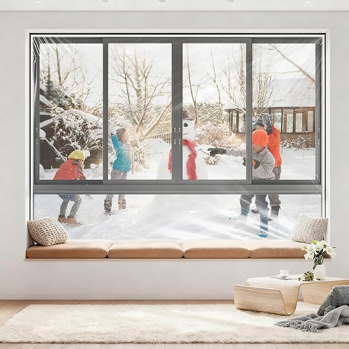 Heavy Duty Window Insulation Kit for Winter - 75 in x 79 in Clear Plastic 180㎛ Thick Shrink Film on Windows and Patio Doors, Reusable Storm Window Kit for Sliding Doors & Large Windows