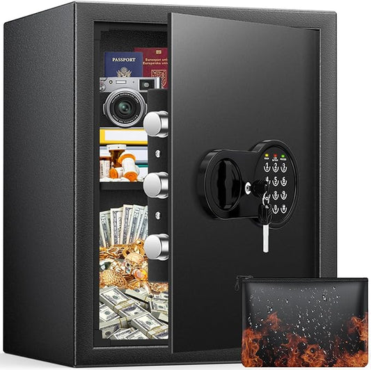 2.0 Cuft Safes with Fireproof Bag and Removable Shelf, Home Safe with Keys & Pass Code & Wall Mount Kits, Security Document Safe for Home, Hotel, Office, Valuables, Money, 13.7''W×12.1''D×17.6''H