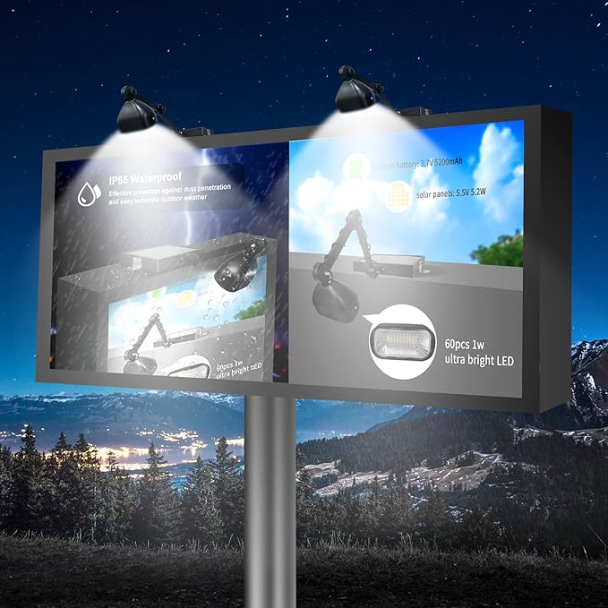 Commercial Solar Sign Lights,Solar Sign Light 5.5V 5.2W Solar Panel & Metal Aluminum Lamp Heads, Solar Billboard Light 3.7 Volts 5200 mAh (Single-Head floodlighting)