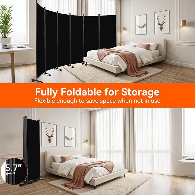 Room Divider 132''W Wall Divider for Room Partition (Heavy Duty Base) 6 Panel Partition Room Dividers, Freestanding Room Divider Screen Separation W/Wheel Folding Privacy Screen Panel Space Separator
