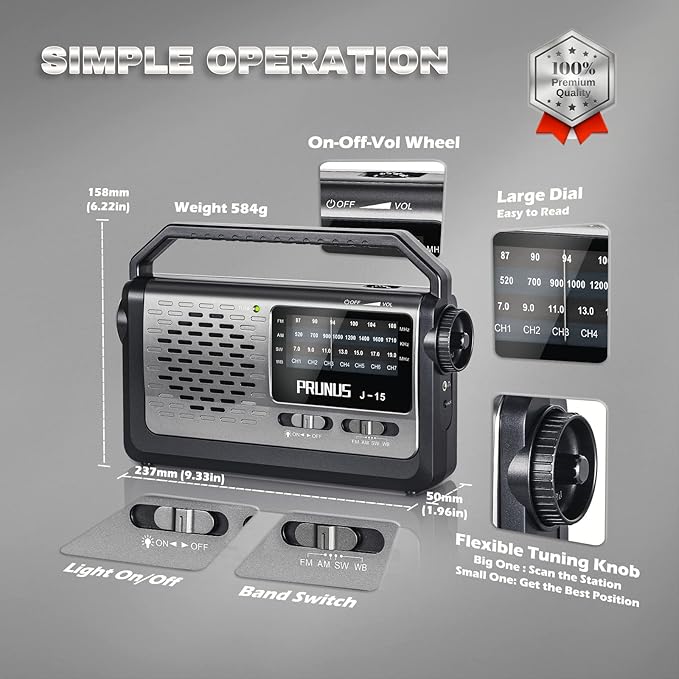 PRUNUS NOAA Weather AM FM Portable Radio,Battery Operated Radio by 3X D Cell Batteries or AC Power with Best Reception,Flashlight, Earphone Jack for Emergency Household&Outdoor,Plug in Wall by J15WB