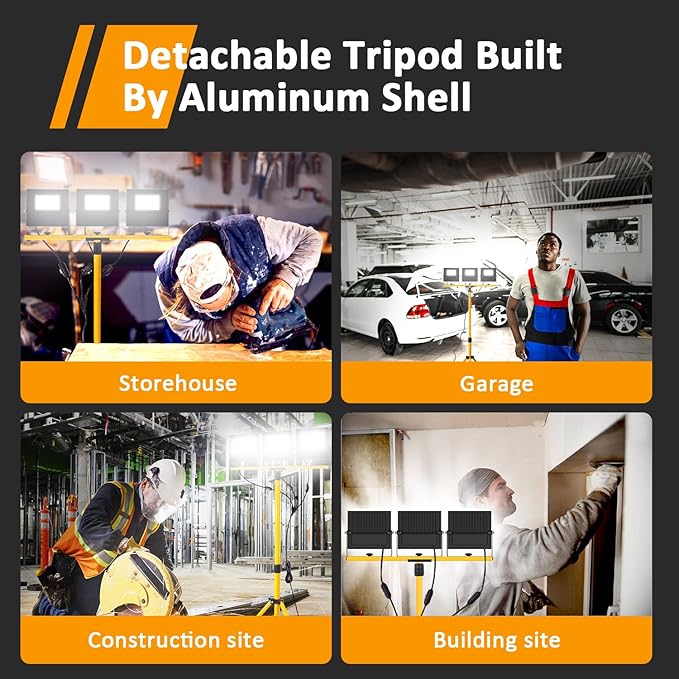 36000Lumen LED Work Lights with Stand - 3 Head Foldable Stand Work Light with 16FT Cord - IP67 Waterproof Tripod Lights for Outdoor Indoor Job Site Workshop Garage Construction Site Lighting