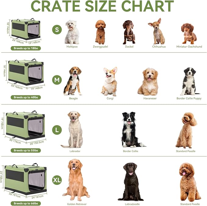 PETSFIT Collapsible Dog Crate, with Patented Adjustable Fabric Cover, Chewproof & Lockable Mesh Doors, Waterproof Base Soft Sided Kennel Green 26 Inch