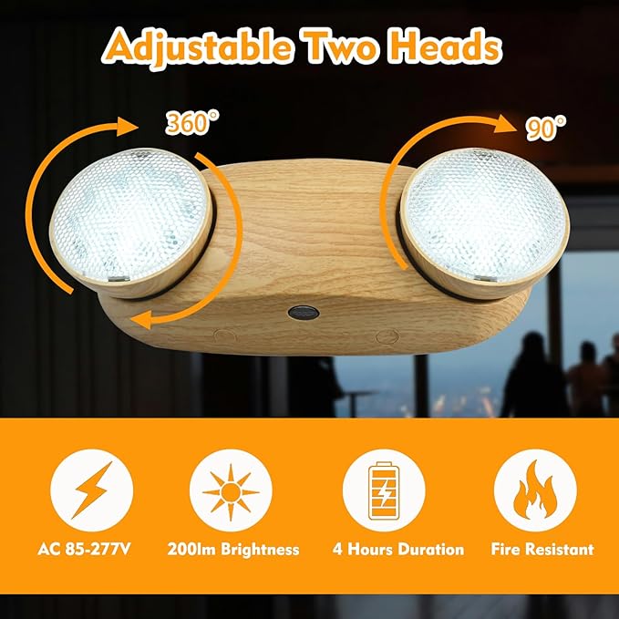 Emergency Lights 200lm 4Hours with Battery Backup Commercial Emergency Light Fixtures for Business Home Power Failure Outage Lighting with Plug in Cord AC85-277V-Wood