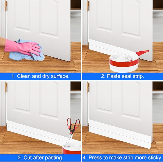 ToLanbbt Weather Stripping Silicone Door Seal Strip 3 in x 20 ft Door Draft Stopper Self Adhesive Tape, Side & Bottom Gaps Insulation Strip for Glass Shower Sliding Window, White