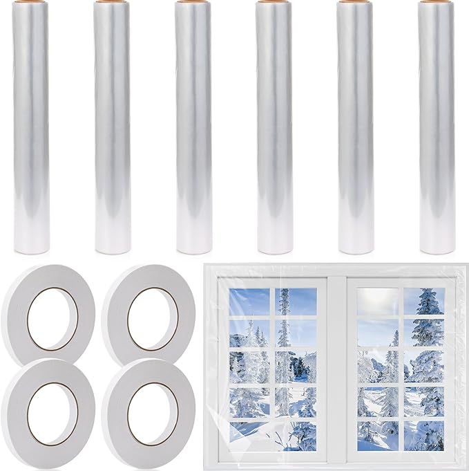 Frienda Window Insulation Kit for Winter Each Roll 62 x 210 Indoor Window Plastic Insulation Kit with Double Sided Tape Clear Shrink Covering Film(6 Roll)