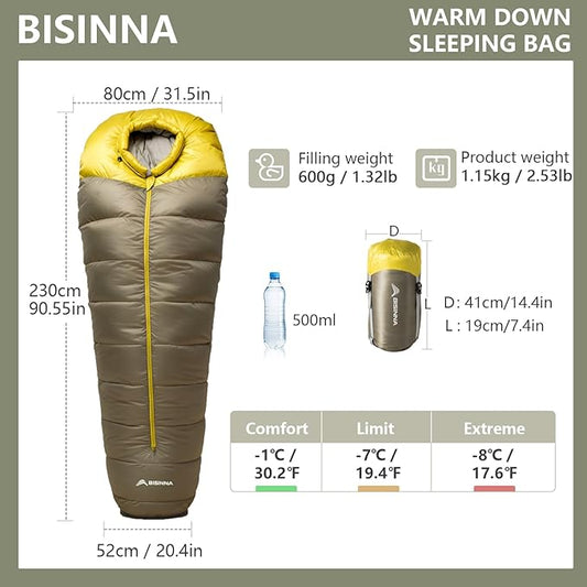 BISINNA Down Mummy Sleeping Bag for Adults 650FP Cold Weather Sleeping Bag 4 Season Compact Sleeping Bag with Compression Sack for Backpacking Camping Outdoor Hiking