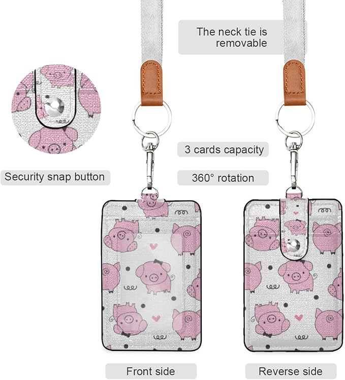Pig ID Badge Holder with Lanyard, Vertical Leather ID Badge Card Holder for Office Staff, School Teacher and Student