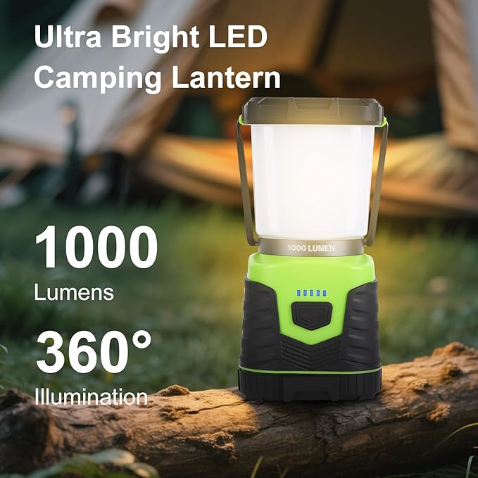 1000LM Battery Powered Lantern, 4 Lighting Modes, IPX4 Waterproof, Battery Operated Lantern with Battery Indicator for Outdoor Camping, Hiking, Carabiner Clip Included