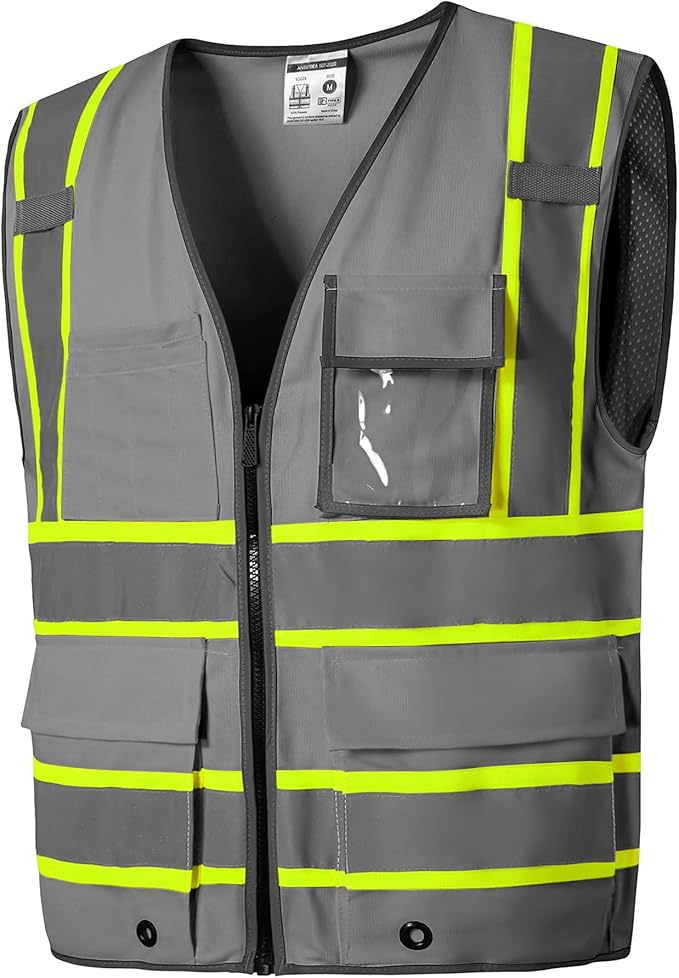 SKSAFETY 10 Pockets Safety Vest, Class 2 High Visibility Security with Zipper, Hi Vis Vest with Reflective Strips, ANSI/ISEA Standard, Construction Work Vest for Men ＆ Women （Grey,L）