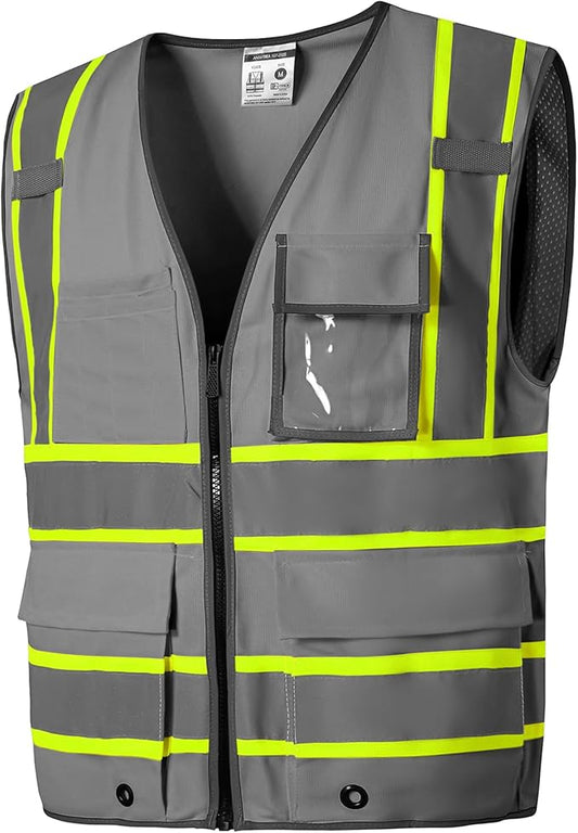 SKSAFETY 10 Pockets Safety Vest, Class 2 High Visibility Security with Zipper, Hi Vis Vest with Reflective Strips, ANSI/ISEA Standard, Construction Work Vest for Men ＆ Women （Grey,L）