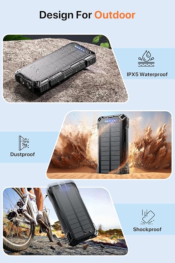 Power Bank 49800mAh Solar Portable Charger Wireless Charging USB-C 15W Fast Charging with 4 Built-in Cables LED Flashlight Battery Pack Compatible with iPhone, iPad, Galaxy, Perfect for Camping