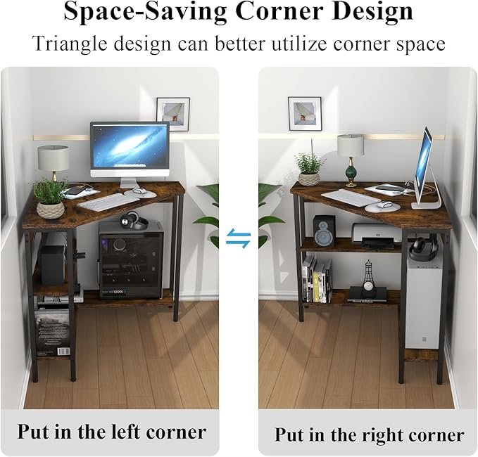 Auromie Corner Desk with Outlets & USB Ports, 90 Degree Triangle Corner Table with CPU Stand & Storage Shelves for Small Space, Computer Table with Charging Station for Home Office Bedroom (Rustic)