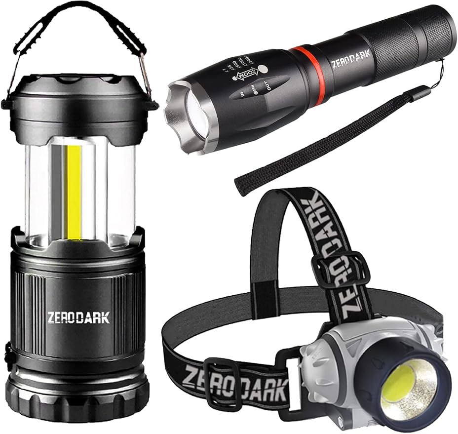 ZeroDark Flashlights Headlamp Lantern 3-Piece Set, Flashlight + Head Lamp + Camping Lantern Battery Powered LED High Lumens Camping Lights flashlights for Emergencies