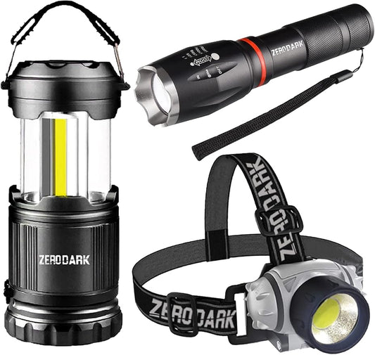 ZeroDark Flashlights Headlamp Lantern 3-Piece Set, Flashlight + Head Lamp + Camping Lantern Battery Powered LED High Lumens Camping Lights flashlights for Emergencies