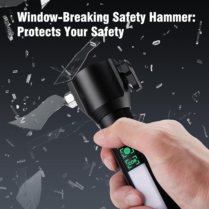 Car Window Breaker Seatbelt Cutter with LED Flashlight, Rechargeable Emergency Hammer, Glass Breaker Tool, Strobe SOS Beacon, USB-C Charging