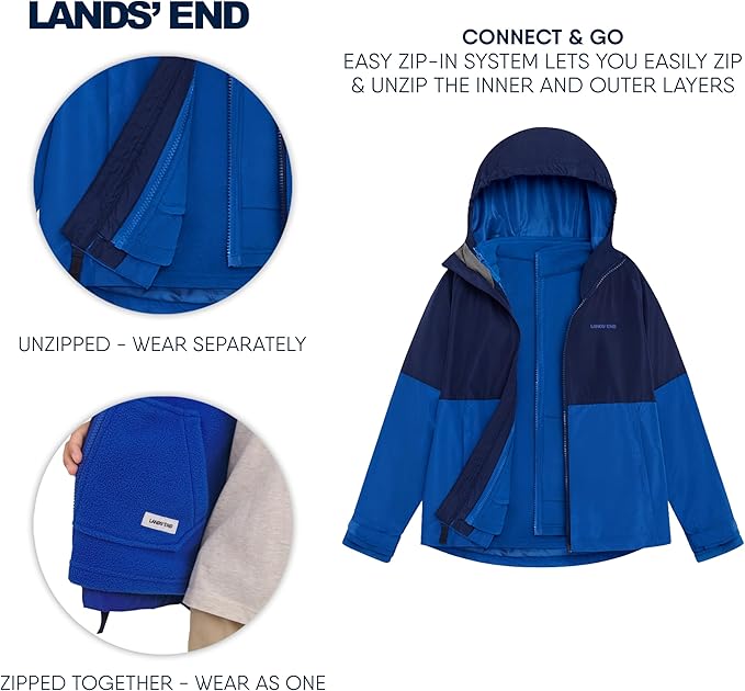 Lands' End Unisex Kids 3-in-1 Water Resistant Windbreaker and Zip-out Polar Fleece Jacket