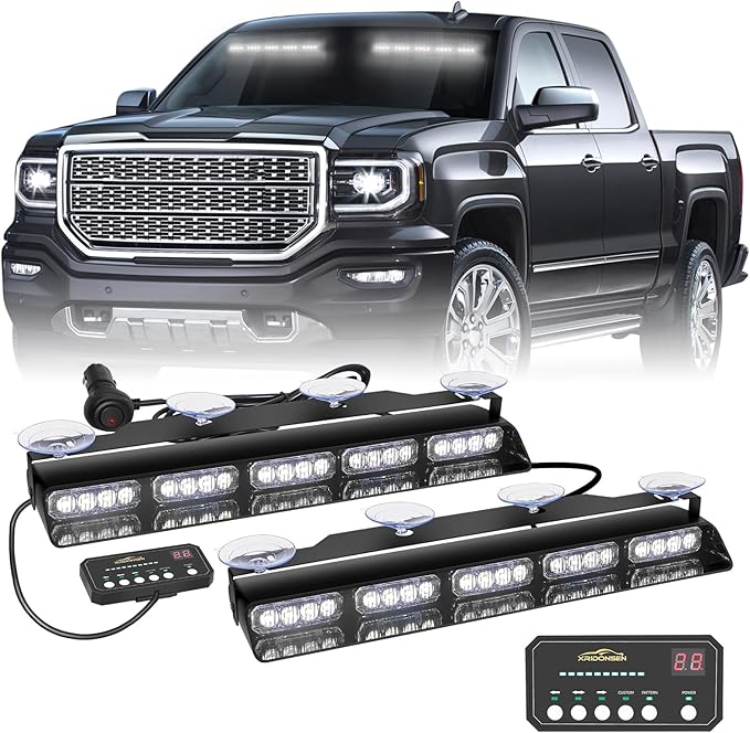 XRIDONSEN 2x 17 inch White Strobe Lights for Trucks Interior Front/Rear Windshield Dash Emergency Lights 40 LED Flashing Warning Hazard Caution Safety Light w/Controller for Construction Vehicles Car