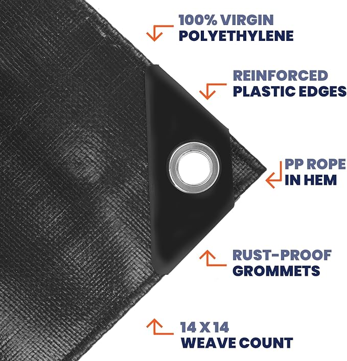 Tarpco Safety Extra Heavy Duty 14 Mil Tarp Cover, Waterproof, UV Resistant, Rip and Tear Proof, Poly Tarpaulin with Reinforced Edges for Roof, Camping, Patio, Pool, Boat (Black 40′ X 60′)