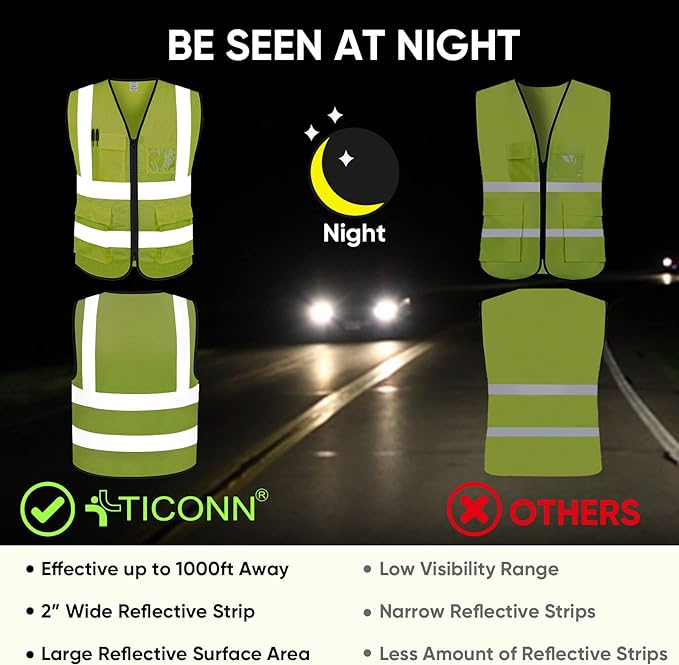 TICONN Reflective Safety Vest High Visibility Class II Mesh Vest for Women & Men Meets ANSI Standards