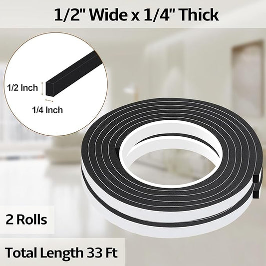 1/2 Inch W x 1/4 Inch T EVA Foam Weather Stripping Tape,Self-Adhesive Seal Tape for Doors & Windows-Draft Blocker,Soundproofing,Waterproof Insulation Foam,2 Rolls Total 33FT Black
