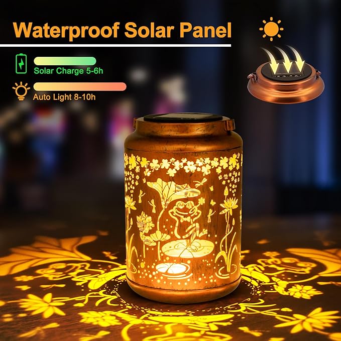 YISITEONE Frog Outdoor Solar Lanterns, Garden Waterproof Metal Hanging Decor Lights for Patio Yard Pathway Lawn Front Porch, Birthday Gardening Gifts for Women Mom Grandma