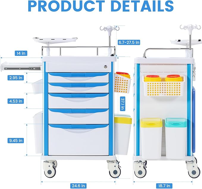 5-Tier Medical Cart, Hospital Emergency Rolling Crash Carts with Adjustable IV Pole, Silent Casters, Trash Bin & O2 Holder, Needle Disposal Holder - Ideal Nursing Trolley for Clinics, Hospitals