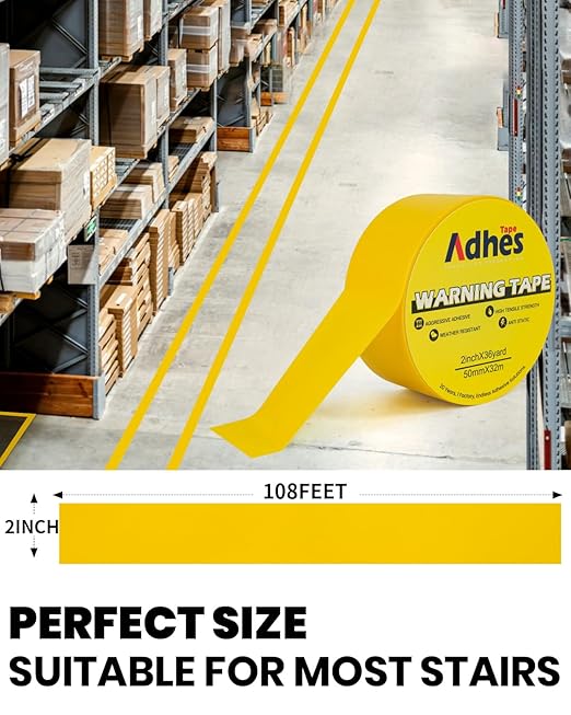 ADHES Yellow Hazard Warning Safety Tape, 2 Inch x 35 Yards x 2 Rolls High Visibility Wear Resistant Floor Marking Caution Tape for Indoor & Outdoor, Gym, Factory, Parking, School and More