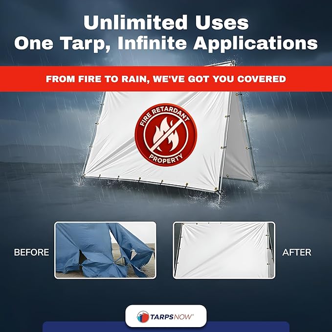 Tarps Now 6x10 Feet Fire Retardant Poly Tarp |12 MIL Heavy Duty Waterproof Cover |Rip and Tear Proof Plastic Tarp with Rustproof Aluminum Grommets & Reinforced Edges |Ideal for Camping - White