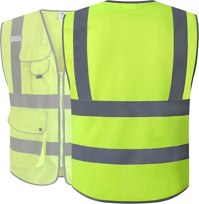 JKSafety 9 Pockets Class 2 High Visibility Zipper Front Safety Vest With Reflective Strips,Meets ANSI/ISEA Standards (5X-Large, 150-Yellow)