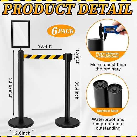 Therwen 6 Pack Heavy Duty Crowd Control Stanchions 9.8 ft Stainless Steel Stanchion Set with Safety Barrier Post Retractable Belt and Sign Holder Crowd Control Barrier (Stripe Belt,Black)