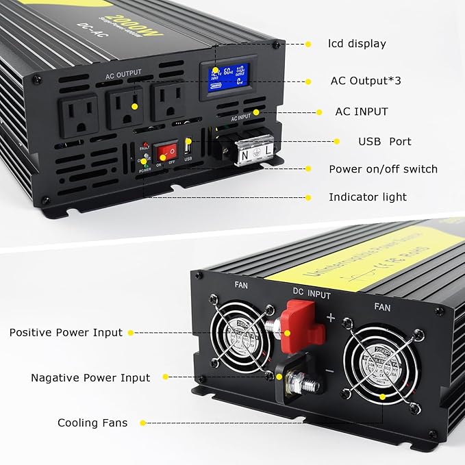 2000W Sump Pump Battery Backup Power System Basment Protection Sump Pump Inverter with LCD Display and Automatic Battery Backup Switching for Basement Emergency and Power Outage Backup (Black)