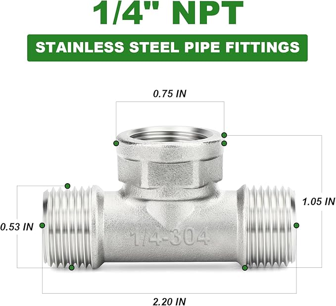 TAISHER 2PCS 304 Stainless Steel Tee Pipe Fittings, 1/4" NPT Male x 1/4" NPT Female x 1/4" NPT Male Pipe Fittings, Female Branch Tee